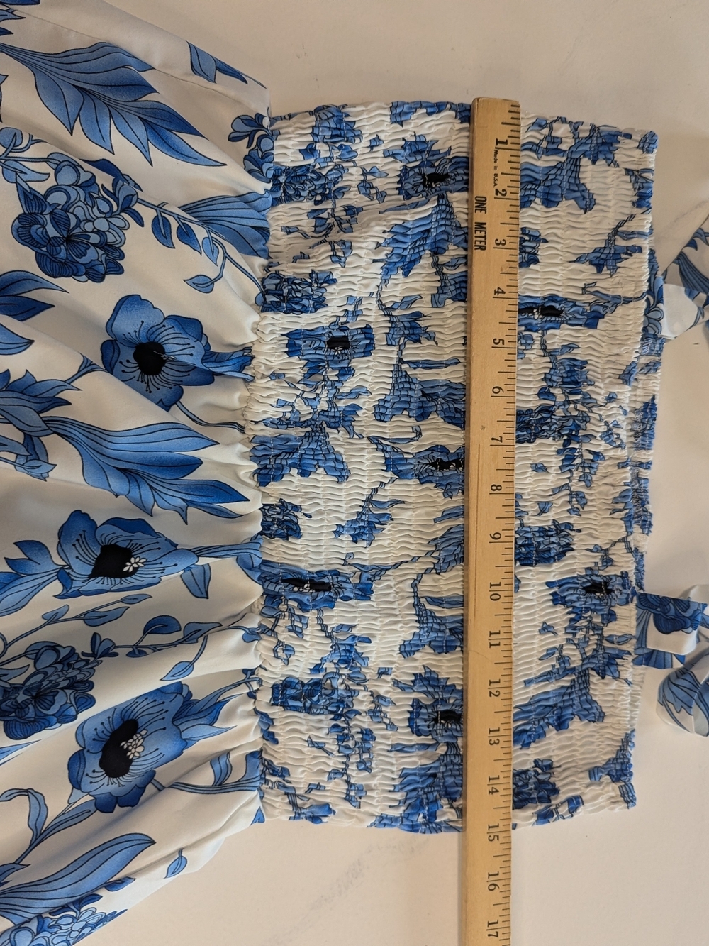 Blue White Floral Smocked Maxi Dress Tie Shoulder Strap Summer Beach Sun Dress L - Picture 6 of 11